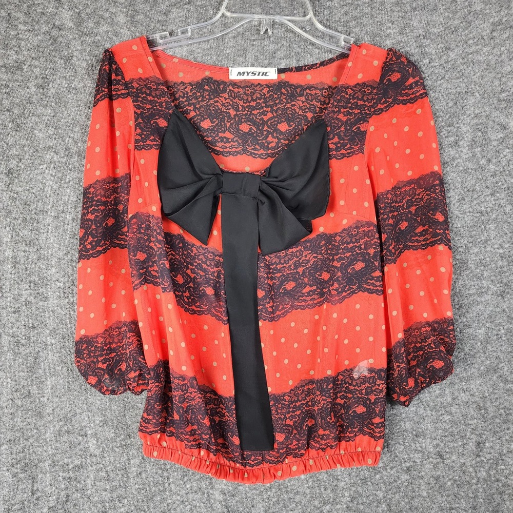 Mystic Blouse Womens Medium Red Polka Dot Lace Bow Accent EUC